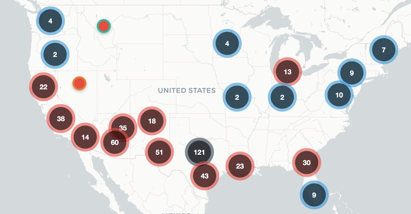 Interactive map showing over 500 documented incidents across the United States